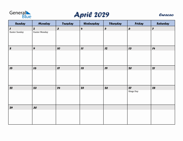 April 2029 Calendar with Holidays in Curacao