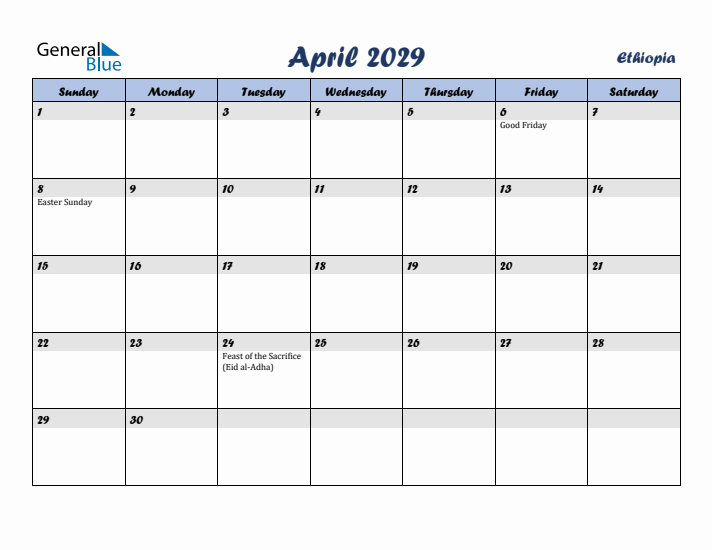 April 2029 Calendar with Holidays in Ethiopia