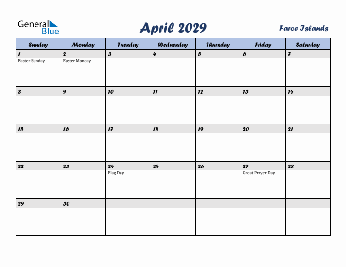 April 2029 Calendar with Holidays in Faroe Islands