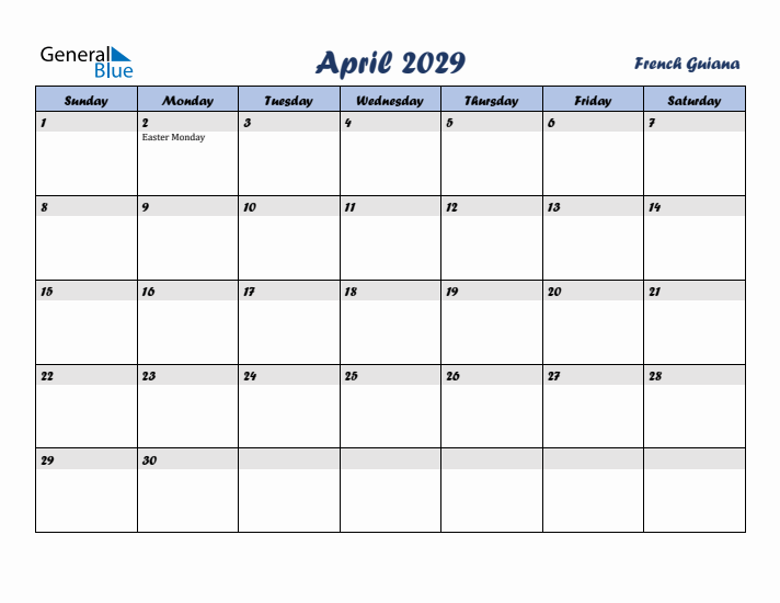 April 2029 Calendar with Holidays in French Guiana