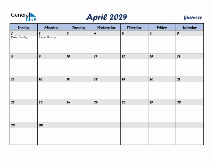 April 2029 Calendar with Holidays in Guernsey