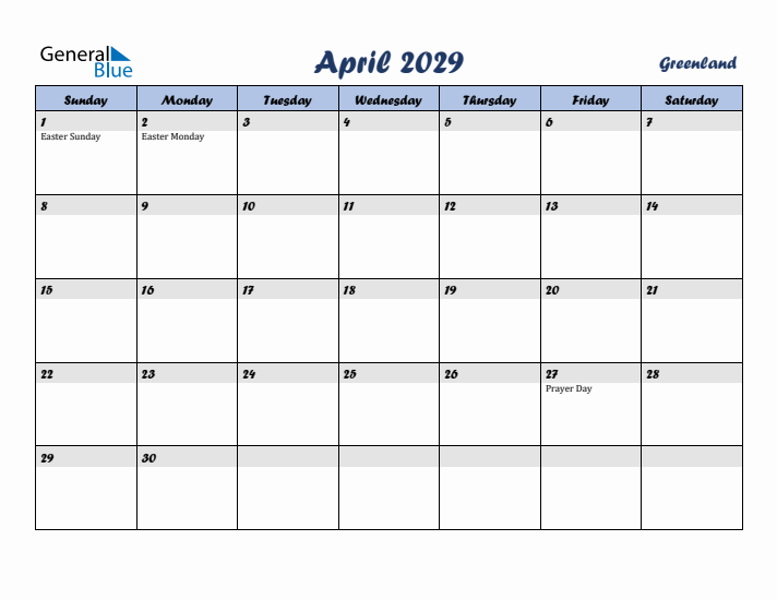 April 2029 Calendar with Holidays in Greenland