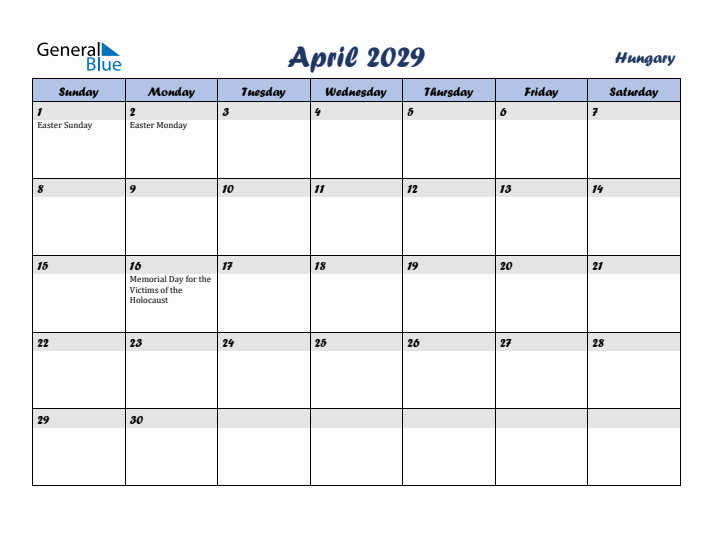 April 2029 Calendar with Holidays in Hungary