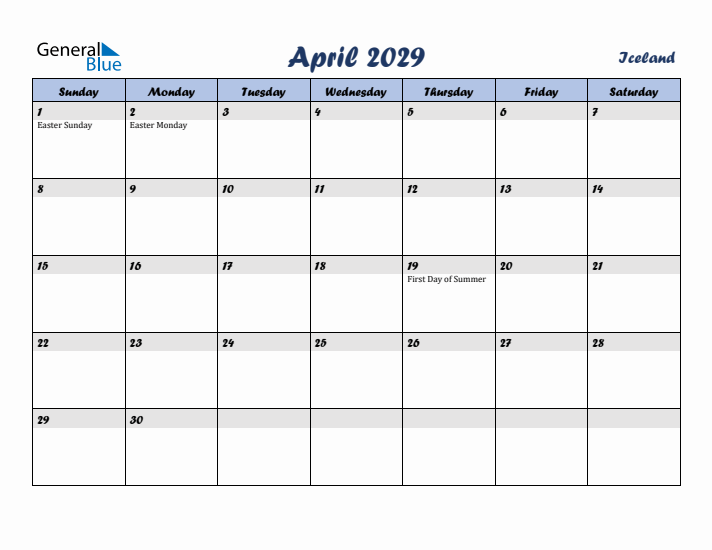 April 2029 Calendar with Holidays in Iceland