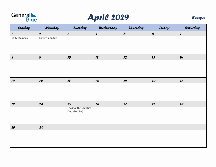 April 2029 Calendar with Holidays in Kenya