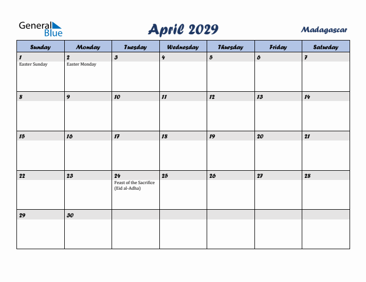 April 2029 Calendar with Holidays in Madagascar