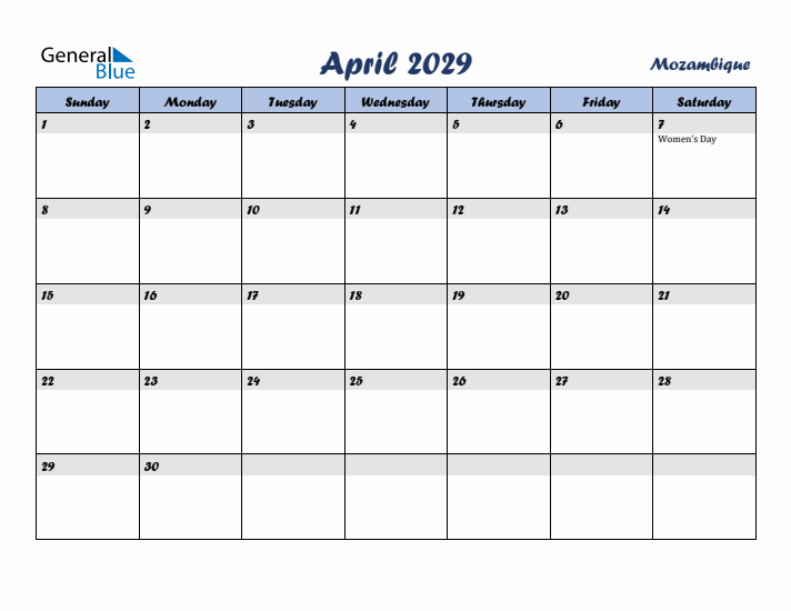 April 2029 Calendar with Holidays in Mozambique