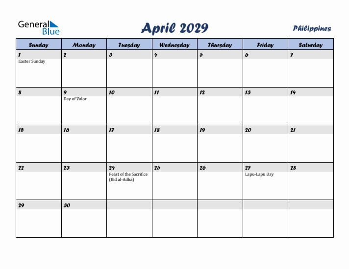 April 2029 Calendar with Holidays in Philippines