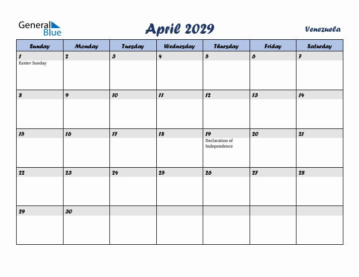 April 2029 Calendar with Holidays in Venezuela