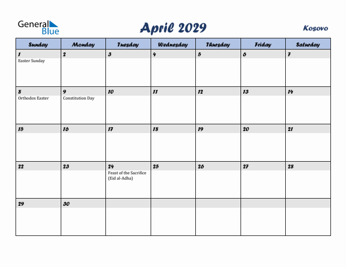 April 2029 Calendar with Holidays in Kosovo