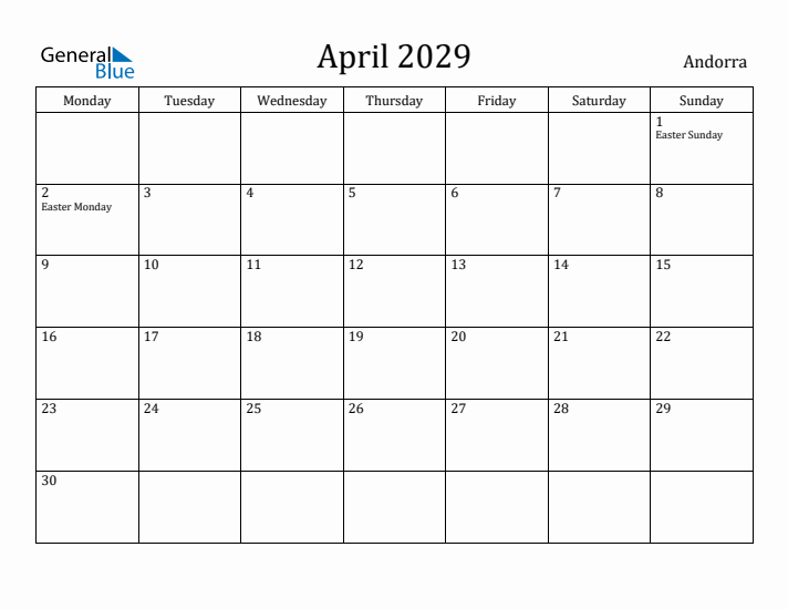 April 2029 Calendar Andorra