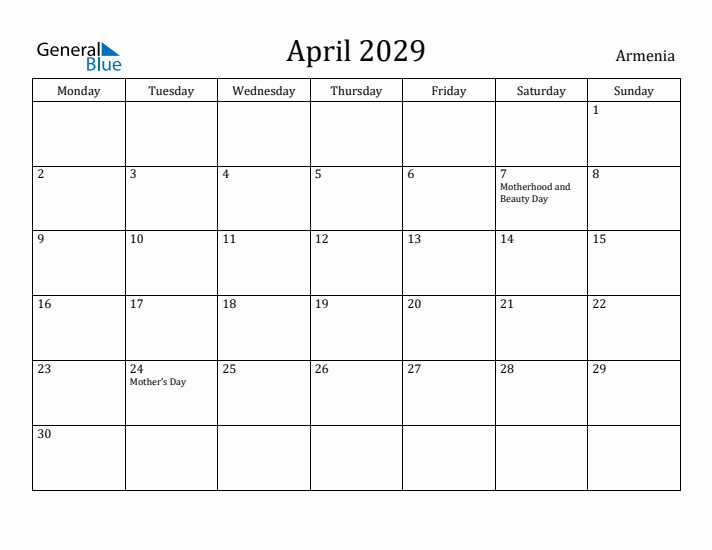 April 2029 Calendar Armenia