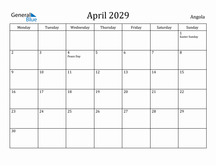 April 2029 Calendar Angola