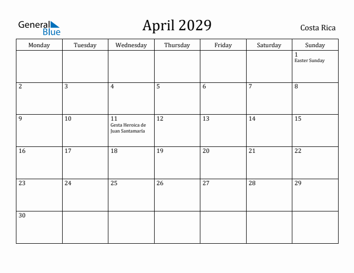 April 2029 Calendar Costa Rica