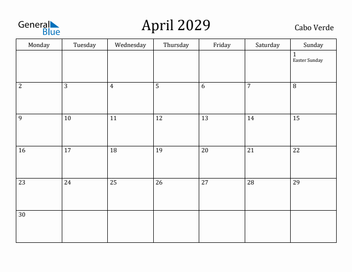 April 2029 Calendar Cabo Verde