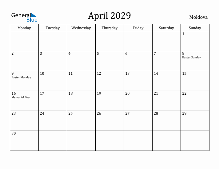 April 2029 Calendar Moldova