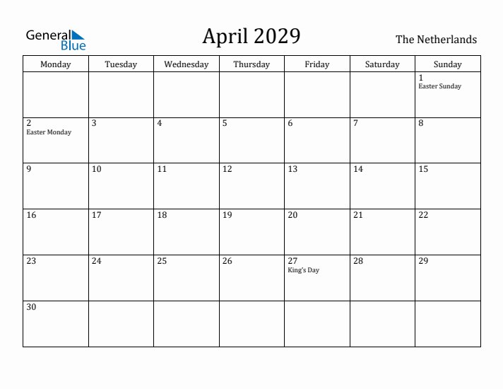 April 2029 Calendar The Netherlands