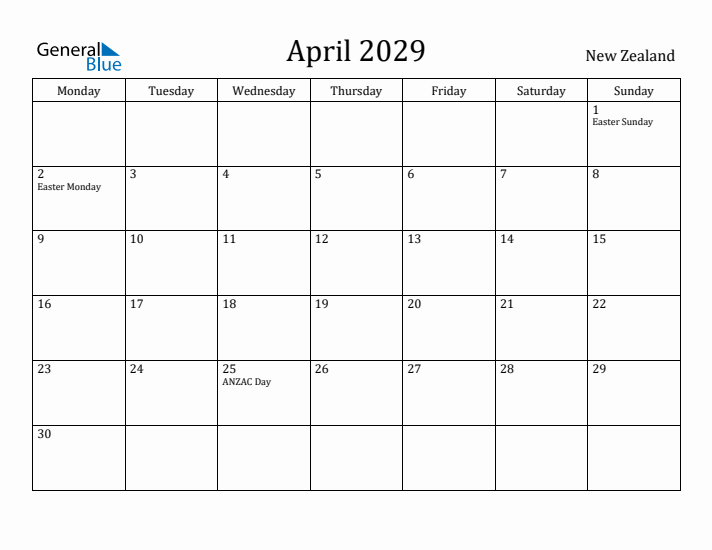 April 2029 Calendar New Zealand