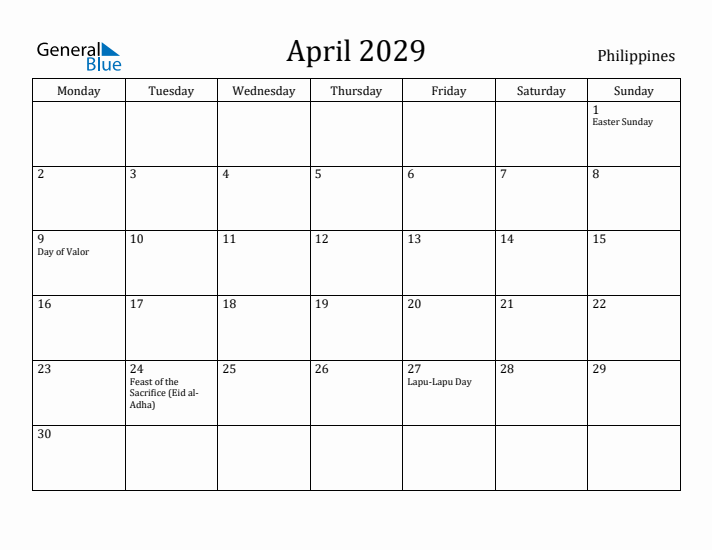 April 2029 Calendar Philippines