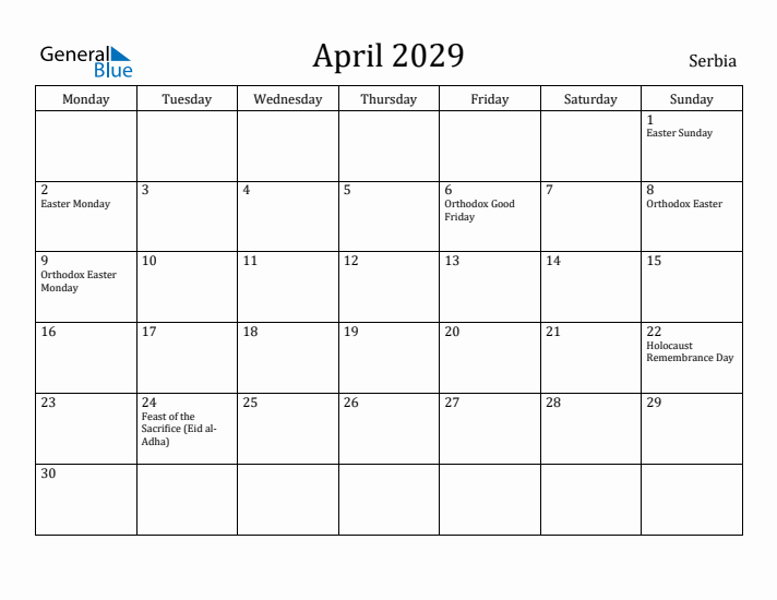 April 2029 Calendar Serbia