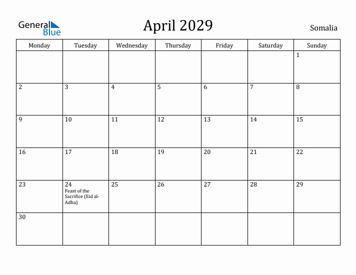 April 2029 Calendar Somalia