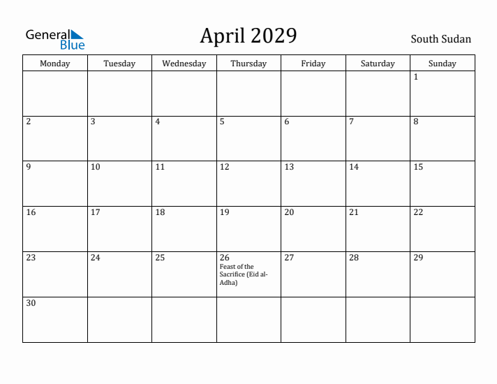 April 2029 Calendar South Sudan