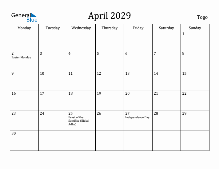 April 2029 Calendar Togo