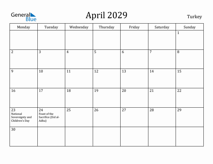 April 2029 Calendar Turkey