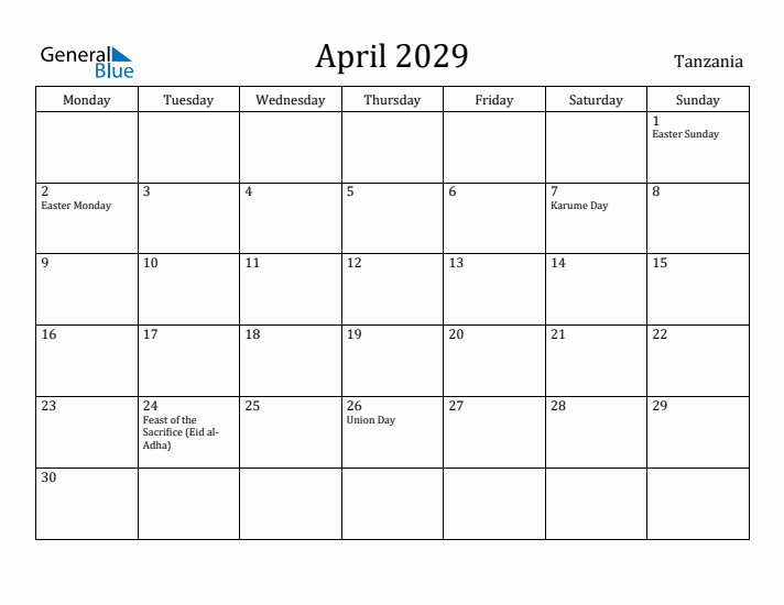 April 2029 Calendar Tanzania