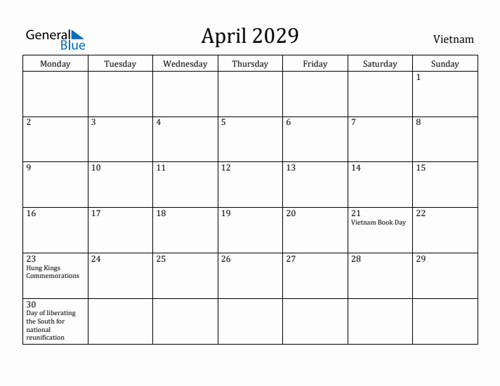 April 2029 Calendar Vietnam