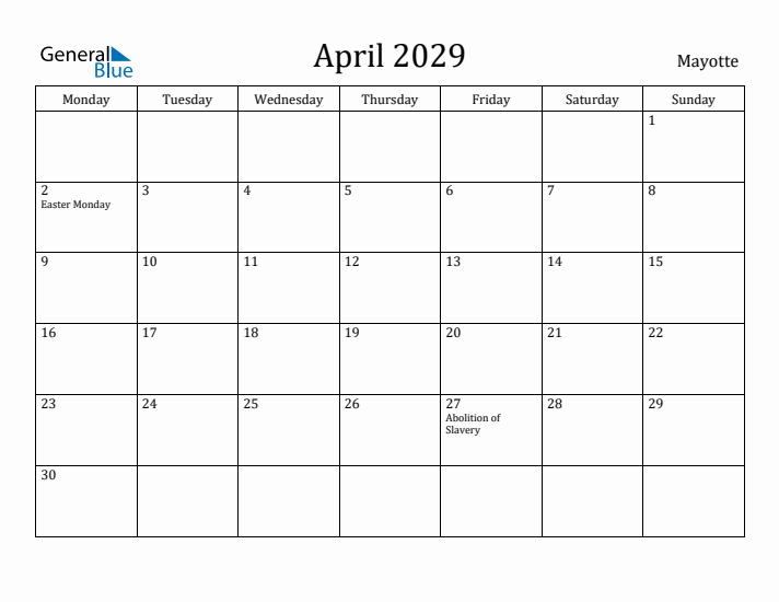 April 2029 Calendar Mayotte