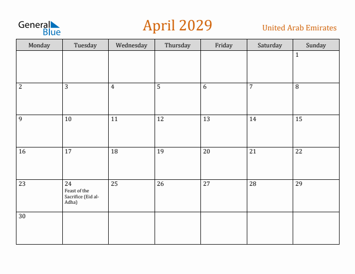 April 2029 Holiday Calendar with Monday Start