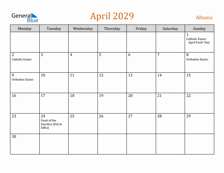 April 2029 Holiday Calendar with Monday Start