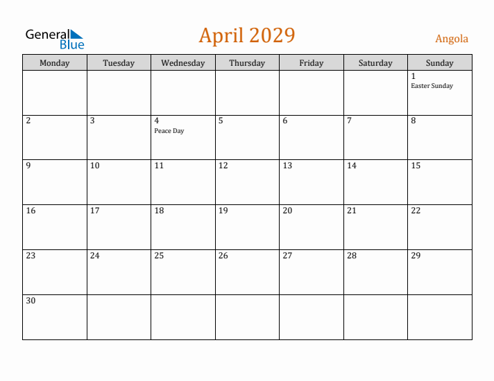 April 2029 Holiday Calendar with Monday Start