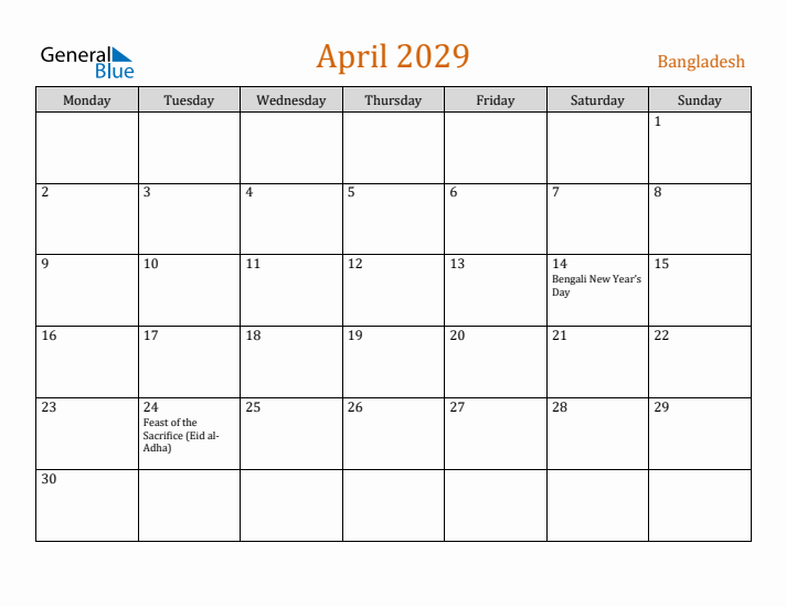 April 2029 Holiday Calendar with Monday Start