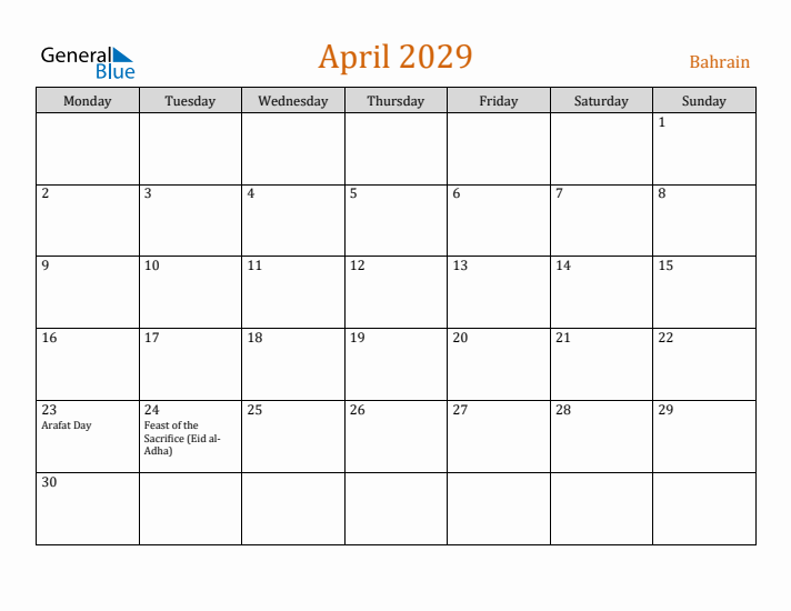 April 2029 Holiday Calendar with Monday Start