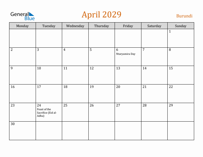 April 2029 Holiday Calendar with Monday Start