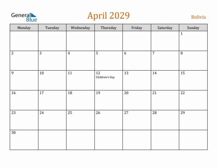 April 2029 Holiday Calendar with Monday Start