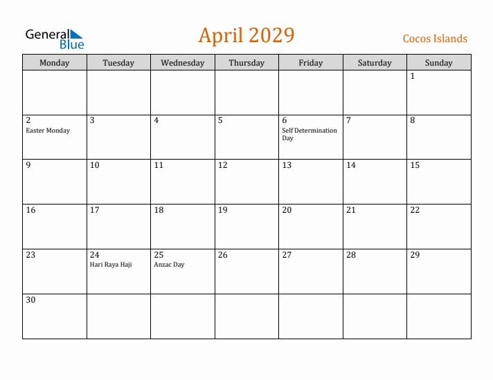 April 2029 Holiday Calendar with Monday Start