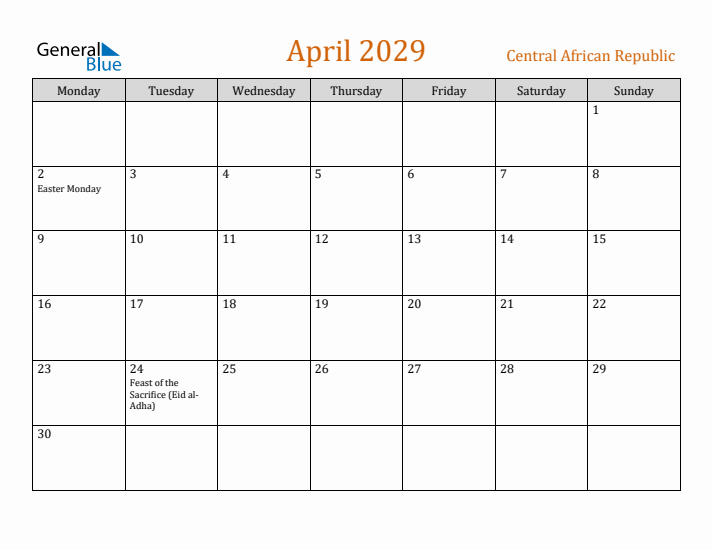 April 2029 Holiday Calendar with Monday Start