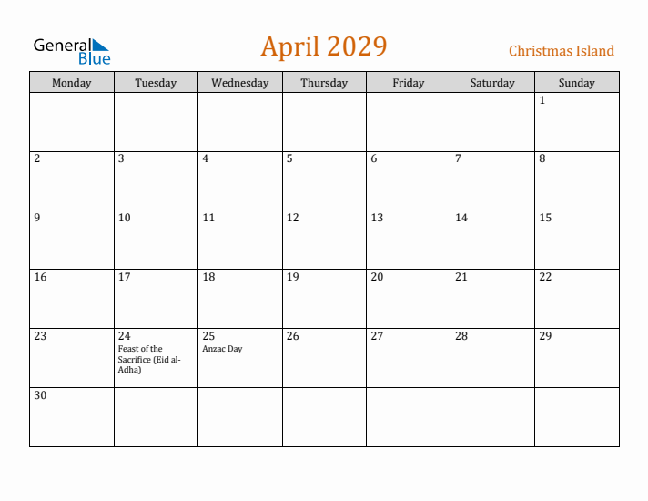 April 2029 Holiday Calendar with Monday Start