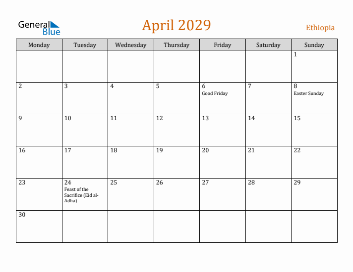 April 2029 Holiday Calendar with Monday Start