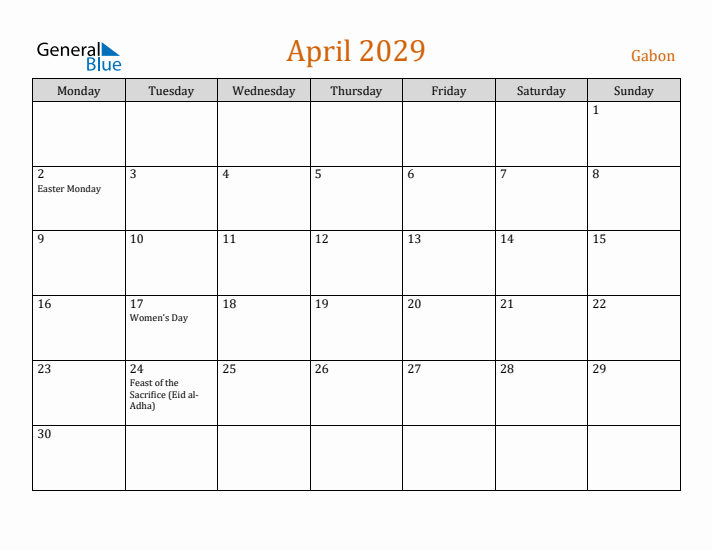 April 2029 Holiday Calendar with Monday Start