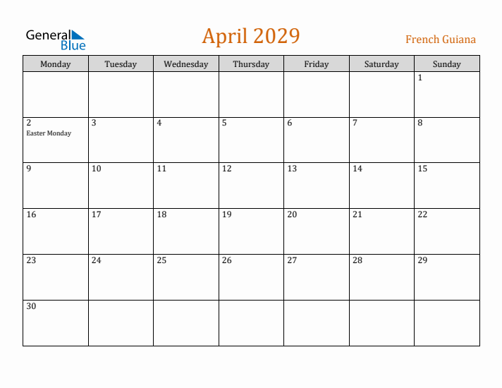 April 2029 Holiday Calendar with Monday Start