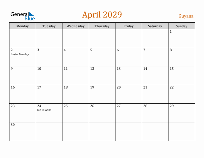 April 2029 Holiday Calendar with Monday Start