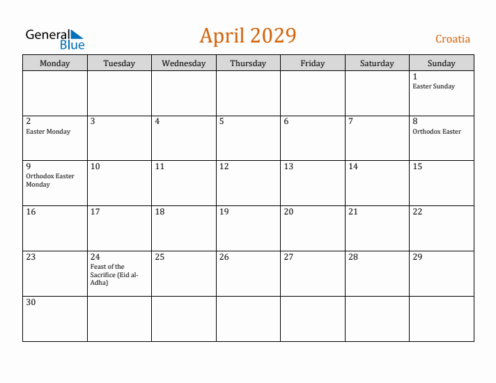 April 2029 Holiday Calendar with Monday Start