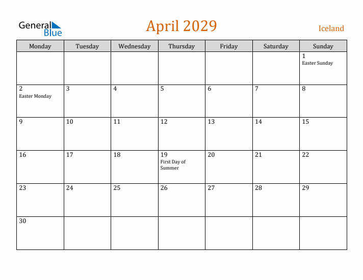 April 2029 Holiday Calendar with Monday Start