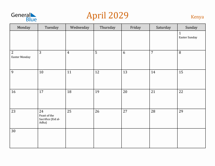 April 2029 Holiday Calendar with Monday Start