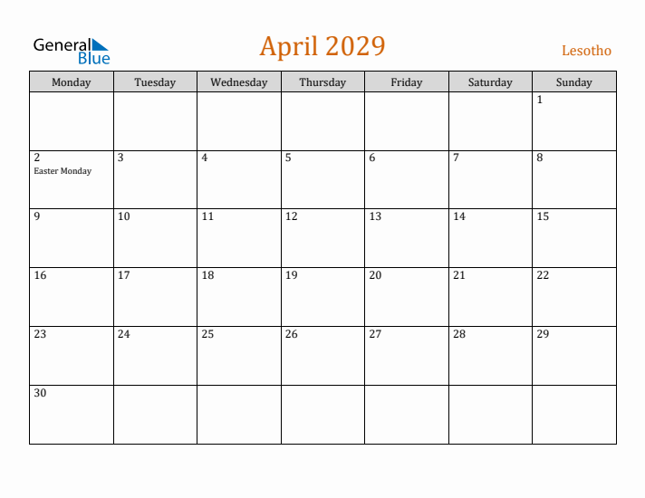 April 2029 Holiday Calendar with Monday Start