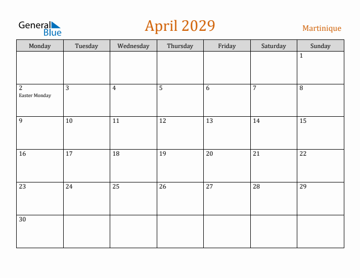 April 2029 Holiday Calendar with Monday Start